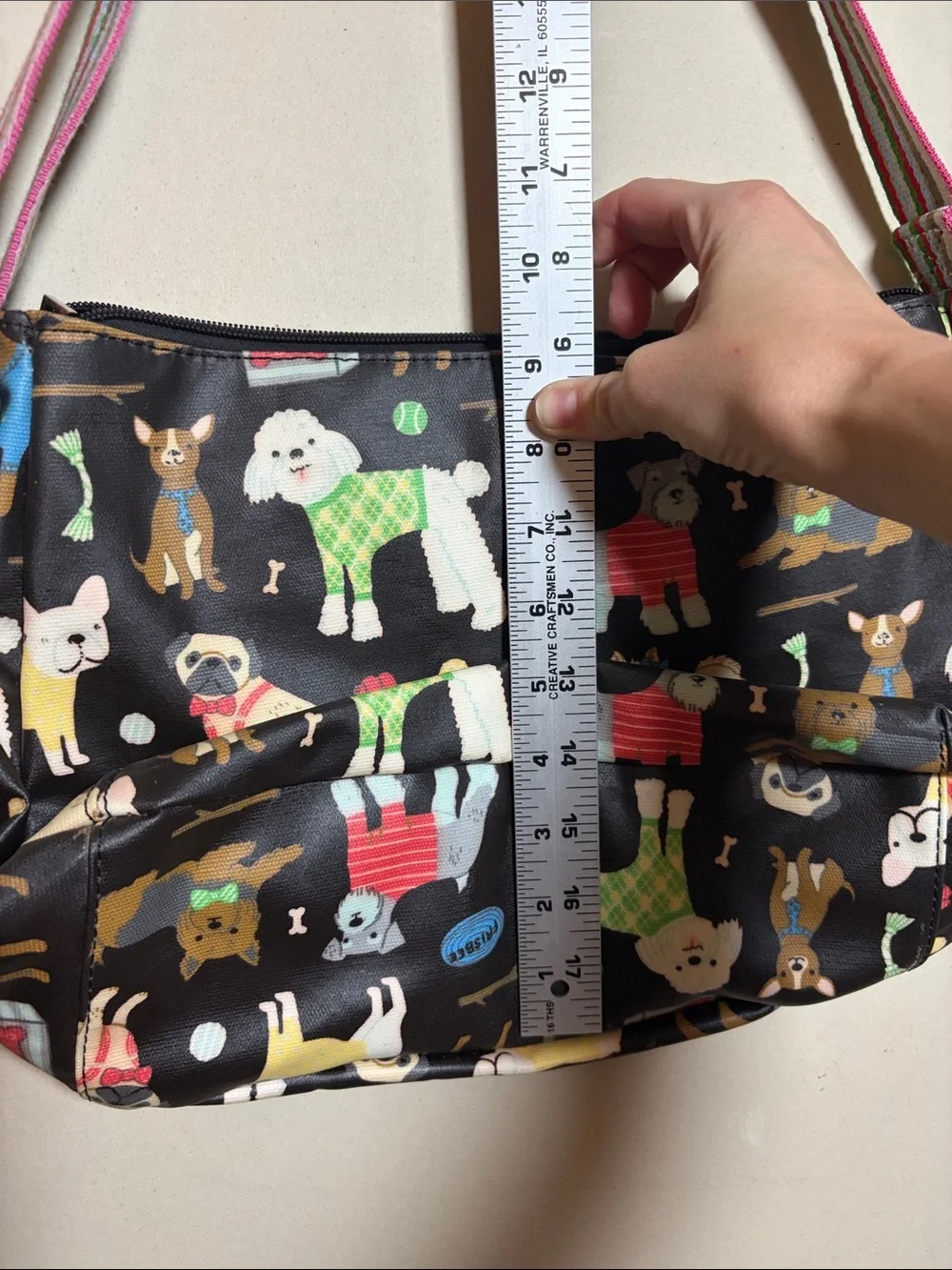 Black Dog-Print Crossbody Bag with Striped Strap Waterproof Dog Walker Purse